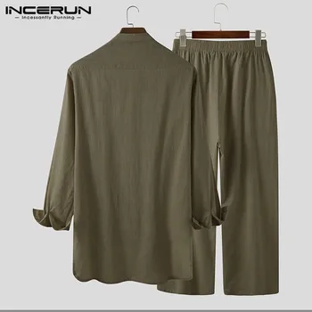 INCERUN Bărbați Seturi de Bumbac Streetwear Maneca Lunga Stand Guler Camasi Pantaloni Vintage 2021 Culoare Solidă pentru Bărbați Musulmani Islamic Seturi S-5XL