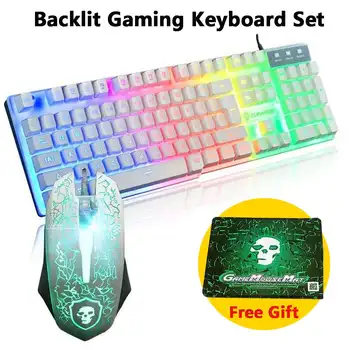 Lumina de Fundal colorate Tastatura USB Kit cu Fir Tastaturi Jocuri 2400DPI LED Mouse de Gaming Combo cu Mouse Pad se Amestecă cu iluminare din spate Soareci