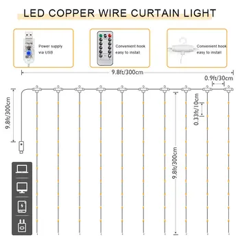 Alimentare USB LED Perdea de Lumini Șir cu Cârlige 3M Control de la Distanță 8 Moduri de Zână Craciun Perdea de Lumină Holiday Home decor