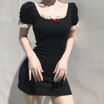 Red Vintage de Vara Femei Bowknot Skinny Mini Rochie de Talie Mare Negru Bodycon Teaca Rochii pentru Femei 2020 Vânzare Fierbinte Maneci Scurte