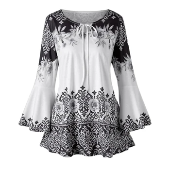 Femei Elegante Lungi Flare Sleeve Flower Print Curea Tunica Bluza Vrac Îmbrăcăminte pentru Femei блузка женская ropa de mujer 2020