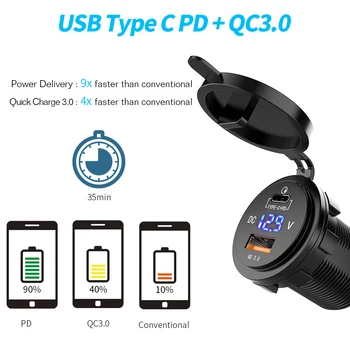 USB-C Încărcător Auto Quick Charge 3.0 Tip C cu LED-uri Voltmetru Digital Universal cu Priza de Putere pentru 12/24V Barca Masina Camion Motocicleta