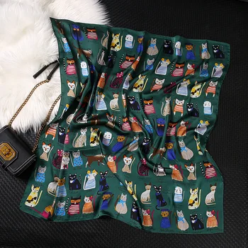 90*90cm 2020 Nou Designer de Femei Alb Verde Animal Print Gât Pătrat Eșarfă Cravată Femei Satin de Matase Cat Eșarfe pentru Femei