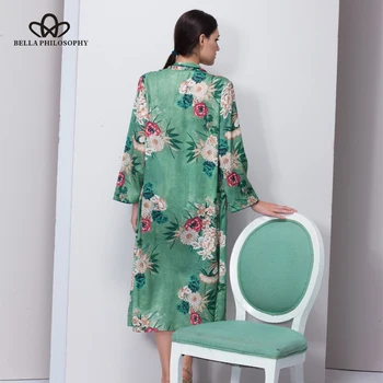 Bella Filosofie Print Floral Satin Kimono Pijamale Femei eșarfe buzunar cardigan cu maneca lunga Bluza de Plaja
