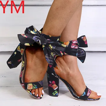 2020 Femei Vara Sandale Bowknot Toc Pătrat Mare Deget de la picior Deschis din Piele Tocuri Pompe de Pantofi de 10 CM de Moda de sex Feminin Gladiator Curea Glezna