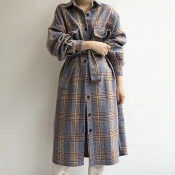 Anglia Stilul Femei Subțire Carouri Haină Lungă Toamnă Supradimensionat Palton Casual Vintage OL Moda Uza de sex Feminin coreeană Haine Lungi
