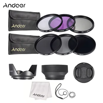 Andoer 58mm Obiectiv Kit Filtru UV+CPL+FLD+ND(ND2 ND4 ND8) cu Husă de transport / Capac Obiectiv Tulip & Cauciuc Obiectiv Hote / Pânză de Curățare