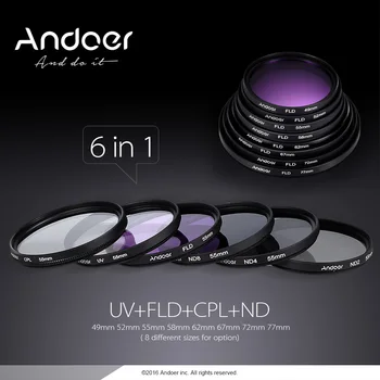 Andoer 58mm Obiectiv Kit Filtru UV+CPL+FLD+ND(ND2 ND4 ND8) cu Husă de transport / Capac Obiectiv Tulip & Cauciuc Obiectiv Hote / Pânză de Curățare