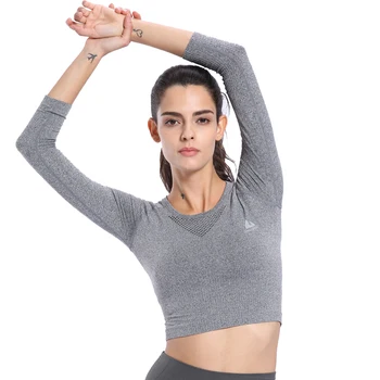 Femei cu Maneci Lungi Mozaic ochiurilor de Plasă de Sus a Culturilor Tricou de Culoare Solidă Elastic iute Uscat Respirabil Funcționare Confortabilă sală de Gimnastică Yoga Haine