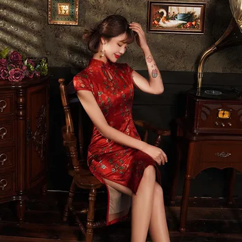 Noul Red Raionul Scurt Chineză Tradițională Femei Qipao Epocă Oriental Feminin Cheongsam Noutate Chineză Rochie Formală S - 5XL