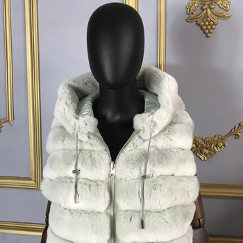 Vesta blana Jacheta Real Haină de Blană de Iepure Femei Toamna Iarna cu Gluga Cald Moda Vesta 4XL de Înaltă Calitate Personalizate
