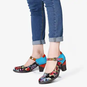 SOCOFY Pictat Floarea-soarelui din Piele Elegant Pompe de Mary Jane Pantofi Doamnelor Rafinate Femei Pantofi Botas Mujer 2020