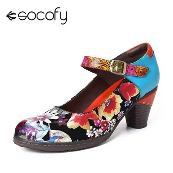 SOCOFY Pictat Floarea-soarelui din Piele Elegant Pompe de Mary Jane Pantofi Doamnelor Rafinate Femei Pantofi Botas Mujer 2020
