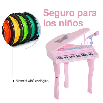 HOMCOM Pian Infantil 37 Teclas Teclado Electronico Juego de Pian con Microfono Taburete Luces y 22 Canciones USB/MP3 Rosa