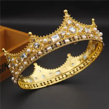 Trendy Perle Rotunde Regale Regele Coroana de Mireasă Rotund Diademă de Regină a Balului de Cristal Baroc Cap Ornamente de Păr de Nunta Bijuterii