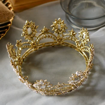 Baroc Aur Cristal Rotund De Mireasa Coroane Tiara Bentita Mireasa Nunta Diademă De Regină Coroana De Nunta Accesorii De Par