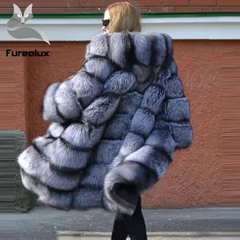 Noul Brand de Iarnă Adevărată Naturale Haină de Blană de Vulpe Gros de Vulpe Argintie pentru Femei Jacheta Cu Blana de Vulpe Capota Îmbrăcăminte exterioară Cald de sex Feminin