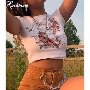 Rockmore Flacără de Foc&Scrisoare de Imprimare T-Shirt Femei Maneca Scurta Top Casual Tricou Femme rochie Bodycon O-neck Crop Topuri Basic Tee Shirt