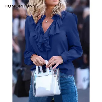 Femei Bluza De Moda Elegant Volane Bluza Tricou Solid V Neck Pentru Femei Vintage Bluze Cu Maneca Lunga Primăvara Și Vara Office De Top Lady