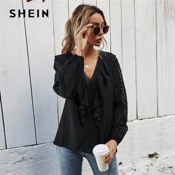 SHEIN Dantela Panou Zburli Asieta Bluza Femei de Primăvară V Gâtului Maneca Lunga Top Office Lady Solid Bluze Elegante