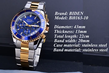BIDEN Navy Blue Dial Bărbați Cuarț Oțel Inoxidabil rezistent la apă, Cronograf Armata Miliatry Sport Calendar Ceas de mână de Brand de Top de Lux