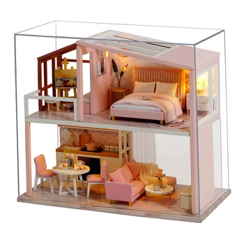 1:24 Casa de Păpușă de Lemn DIY Miniatura, cu Mobilier din Lemn de Asamblat Păpuși Kit de Lumini cu Led-uri pentru Copii Copii Adulți
