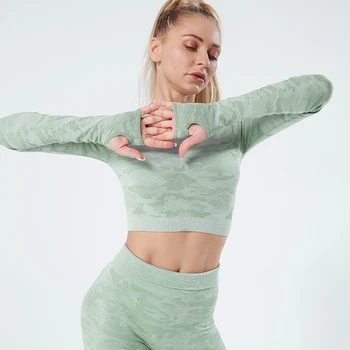 Fără Sudură De Yoga Tricou Femei Mâneci Lungi Cu Degetul Gaura De Fitness Sport Top Antrenament Sală De Gimnastică De Funcționare Culturilor Sus