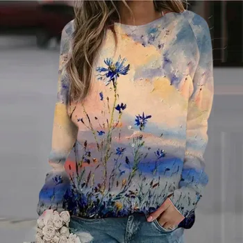 40# Moda pentru Femei harajuku Bluze Topuri de Agrement de Imprimare Lunga Bluze cu Maneca Gât Rotund Casual Topuri Largi Tricouri женская одежда