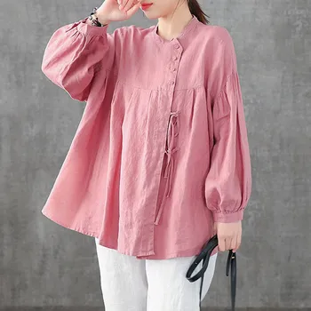 Bumbac, Supradimensionat Tricou Femei Toamna Cu Maneca Lunga Topuri Casual Nou 2020 Stil Vintage De Culoare Solidă Femeie Bluze Camasi P1232