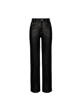 Streetwear din Piele Neagră Scurtă Tricou Talie Mare Picior Drept Pantaloni de Piele 2020 Iarna Noi PU din Piele Motocicleta Costum Femei
