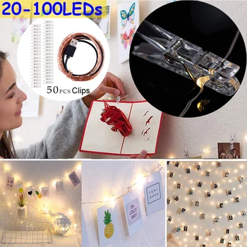 20 50 100 de LED-uri + Foto Clipuri Agățat Imagini de Basm Lumini LED-uri Foto Clip Șir de Lumini Decor de Perete USB LED Lumini Șir