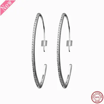 Argint 925 Oval Clasic Spumante Hoop Cercei pentru Femei Bijuterii Impodobita cu o Linie de Pietre Sclipitoare FLE140