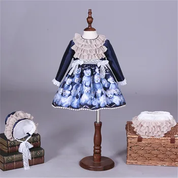 Primăvara Copil Fete Rochie cu mâneci Lungi de Imprimare Urs Dantela Printesa Trei piese Lolita stil Costum Printesa Da Fetelor Cadouri