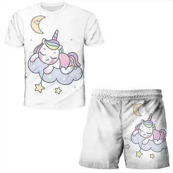 3D maneci scurte costum anime Unicorn T-shirt set băieți și fete Maneci Scurte Sus pantaloni Scurți de moda de stradă tipărite îmbrăcăminte