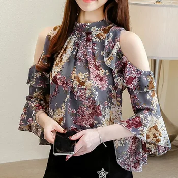 Coreeană Bluza Pentru Femei Îmbrăcăminte 2020 Doamnelor Topuri Șifon Florale Volane Sta Maneca Fluture Blusas Gol Plus Szie 0325