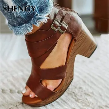 2020 Moda Femei Pantofi De Vara Pentru Birou Sandale Cu Toc Pantofi Pene Femeie Vintage Platforma Sandalias Mujer Sapato Feminino