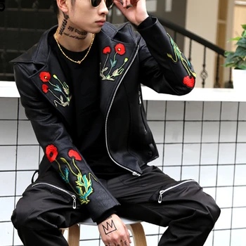 Coreea Style Strat de Stradă la Modă Bărbați de Moda Elegant Colaj Floare din Piele PU Stereo Motocicleta Haina Jacheta de Faux din Piele pentru Bărbați