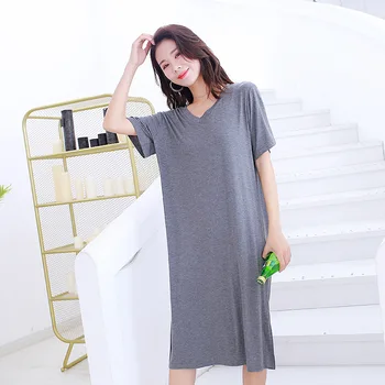 Vară Stil Nou Versiunea coreeană Modale V-neck Cămașă de noapte Culoare Solidă Vrac cu mânecă Scurtă de Bază Sleepshirts Plus Dimensiune Roșu Pijamale