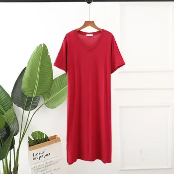 Vară Stil Nou Versiunea coreeană Modale V-neck Cămașă de noapte Culoare Solidă Vrac cu mânecă Scurtă de Bază Sleepshirts Plus Dimensiune Roșu Pijamale