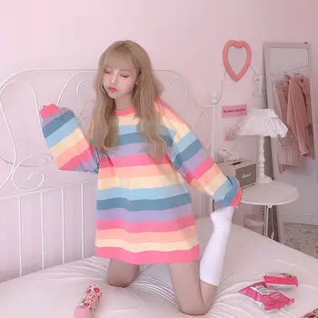 Harajuku Kawaii Curcubeu Tricou Femei De Îmbrăcăminte De Primăvară O-Gât Plus Dimensiune Lung Și Subțire Hanorace Pulover Școlăriță Streetwear