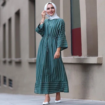 Simplu cu Dungi turc Flare Rochie maxi cu Maneci Lungi Dubai caftan Musulman Casual Plus Dimensiunea Rochie hijab marocan Talie Reglabila