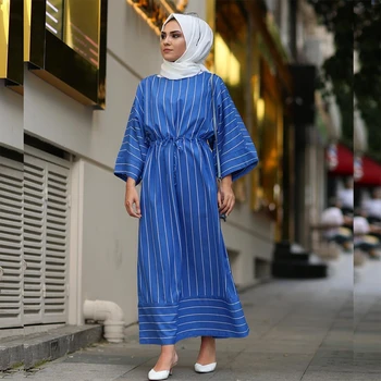Simplu cu Dungi turc Flare Rochie maxi cu Maneci Lungi Dubai caftan Musulman Casual Plus Dimensiunea Rochie hijab marocan Talie Reglabila