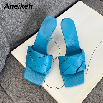 Aneikeh NOI 2020 Moda de Vară cap Pătrat Slide-uri de Femei Subțire Sandale cu Toc Papuci de casă țesături Doamnelor Catâri Petrecere Pompe