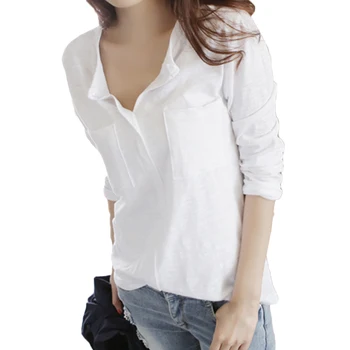 Femei Topuri Camasa Office De Toamna Casual Culoare Solidă V-Neck Cămașă Buzunare Slub Cotton Liber Maneca Lunga Slim Plus Dimensiune Bluza