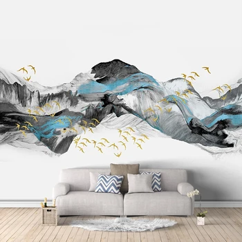 Personalizate Orice Dimensiune Murală Tapet Stil Chinezesc Albastru Abstract Peisajul Artistic Păsări Fresca Camera De Zi Dormitor Fundal Murală