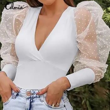 Celmia Moda Vedea-prin intermediul ochiurilor de Plasă Pur Bluze de Vara Femei Sexy Puff Maneca Lunga Dot Tricouri Topuri Casual V Gât Blusas Plus Dimensiune
