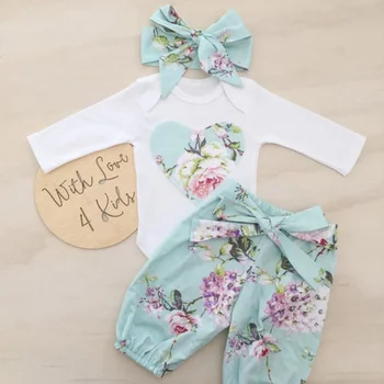 Nou-născut Copilul Fetita haine set Floral cu maneci lungi Salopeta 3pcs print Pantaloni +articole pentru acoperirea capului Tinuta Set haine