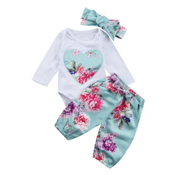 Nou-născut Copilul Fetita haine set Floral cu maneci lungi Salopeta 3pcs print Pantaloni +articole pentru acoperirea capului Tinuta Set haine