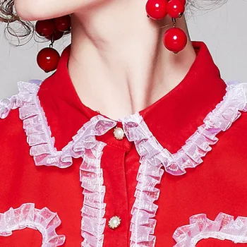 Bluza șifon a-Line Fusta Set pentru Femei Toamna Noua Doamnă Birou 2 buc Set Elegant Rosu Bluza Broderie Costum de Femeie 2020
