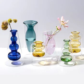Nordic Colorat Vaza De Sticla Hidroponice Camera De Zi De Decorare Aranjament Floral Dublu Strat Transparant Vaze Desktop Decor